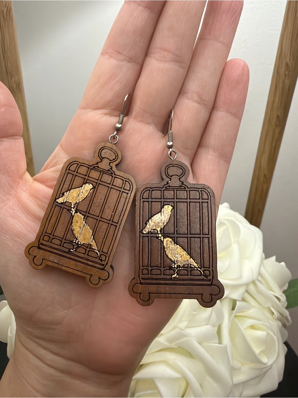 Handcrafted Wooden Birdcage Earrings with Gold Accent - Brown